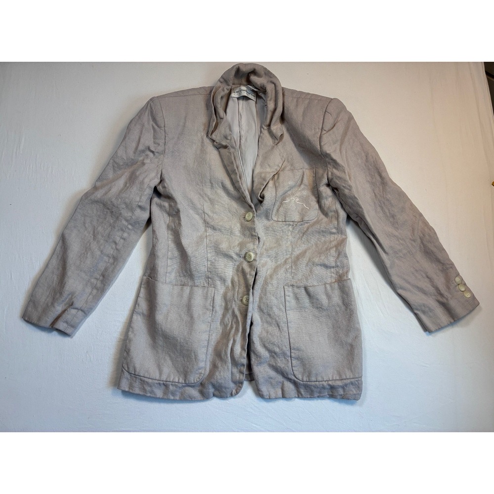 Liz Claiborne Linen Blazer Jacket Womens 6 Gray Embroidered Pocket Shoulder Pads